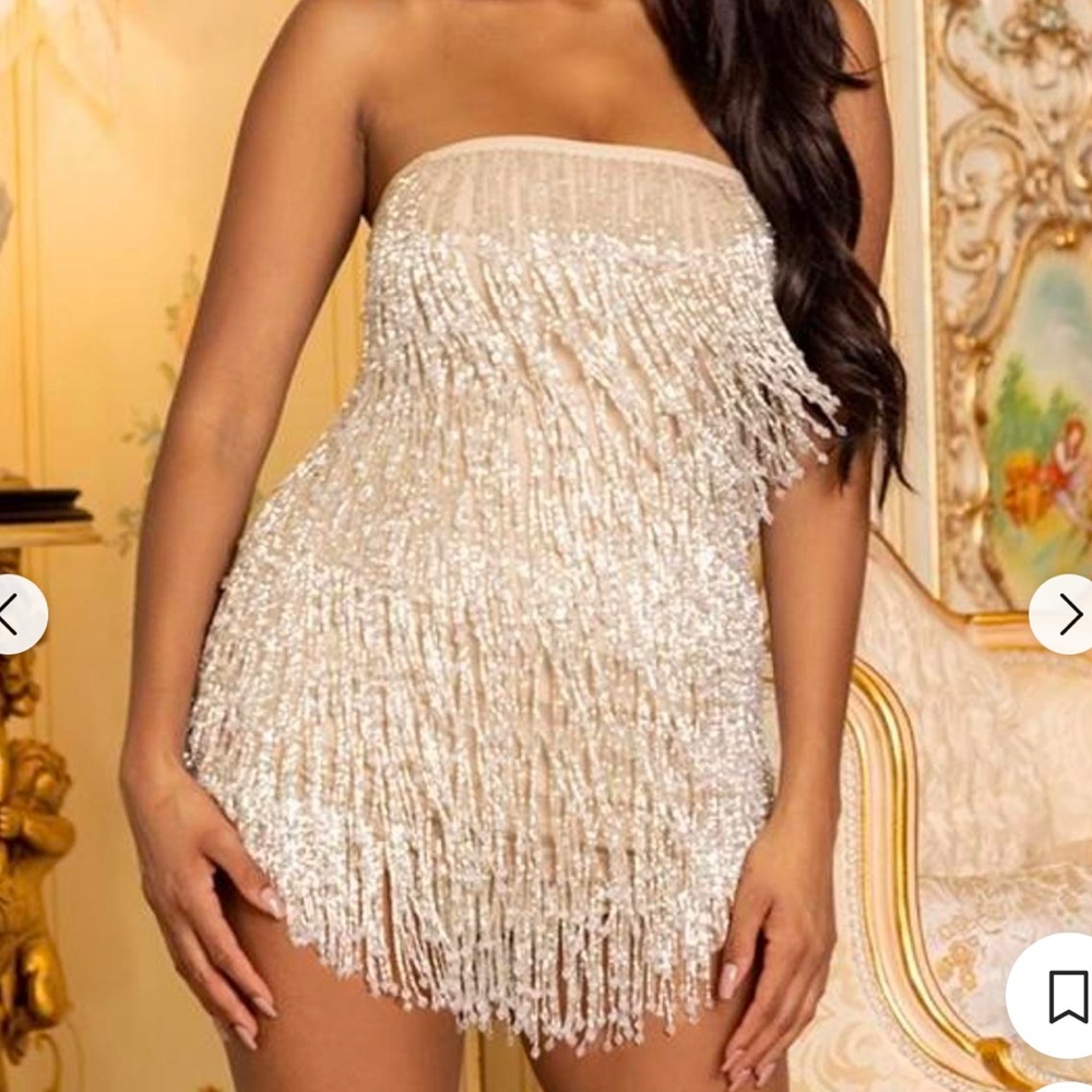 PrettyLittleThing Cream Fringe Mini Dress